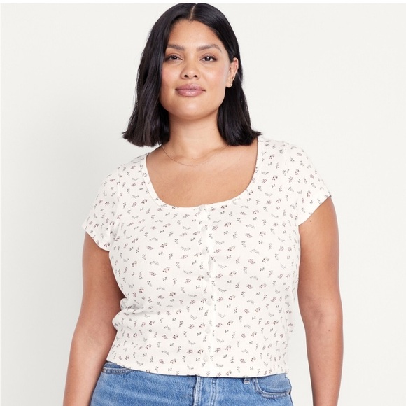 Old Navy Floral Button Front Ribbed Scoop Neck Tee 2X NWT Cottagecore Stretch - Picture 1 of 15
